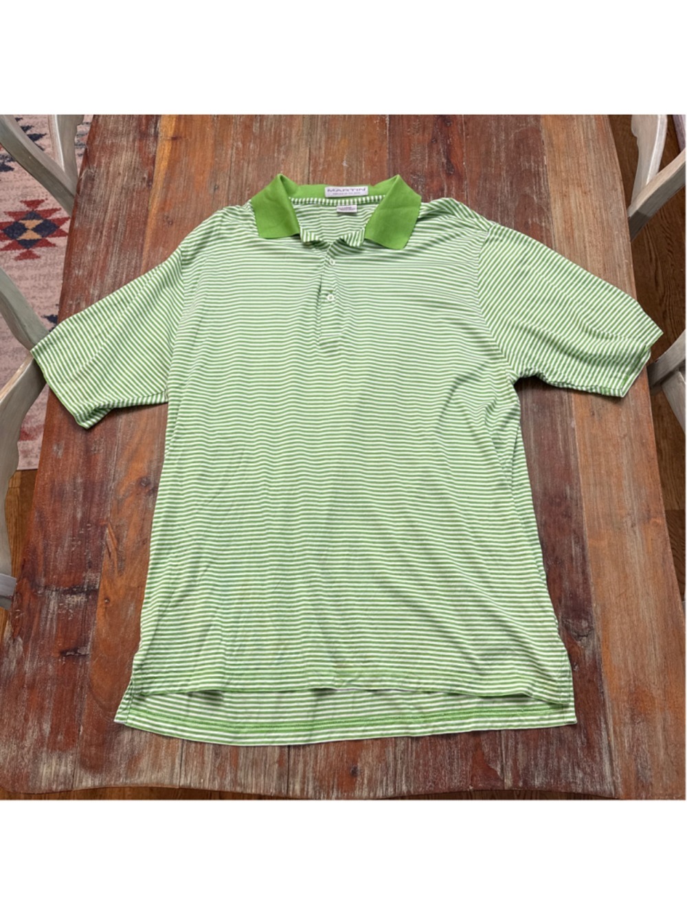 Martin Golf Mens Large Polo Shirt Green White Striped Pima Cotton Short Sleeve